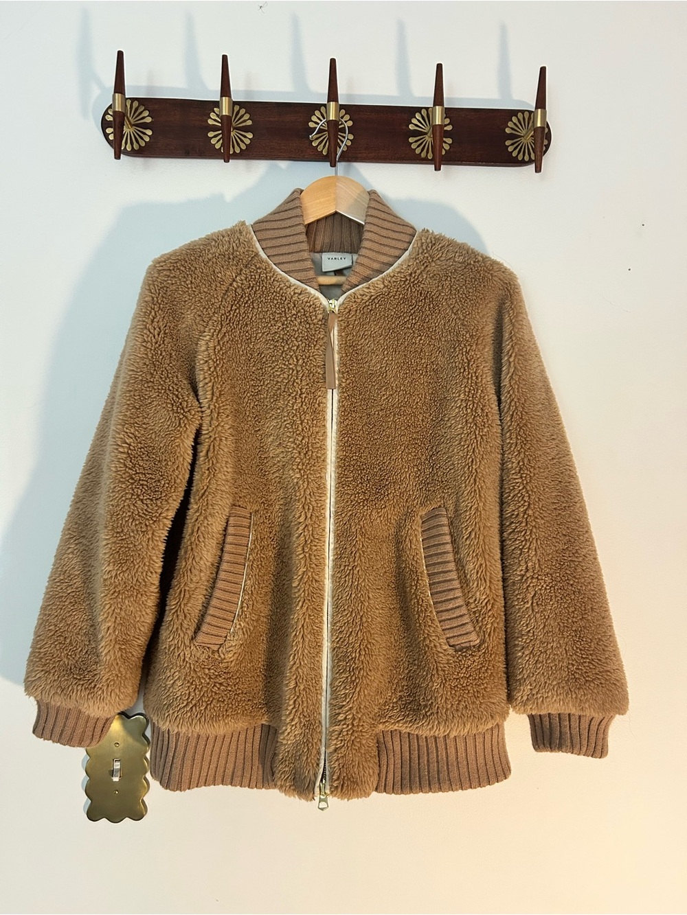 Varley Camel Teddy Zip Jacket with Ribbed Trim